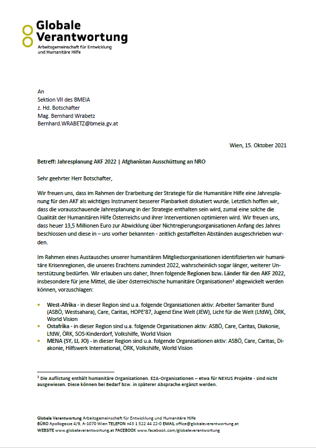 Brief an Botschafter Bernhard Wrabetz bezüglich der Afghanistan-Ausschuettung an NROs