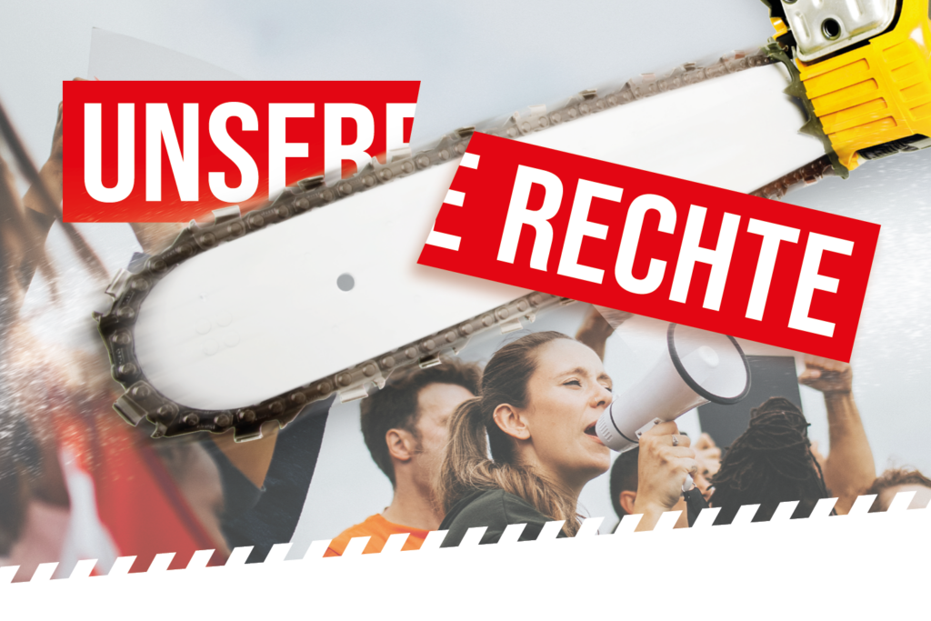 Collage mit demonstrierender Menschengruppe, darüber eine Kettensäge