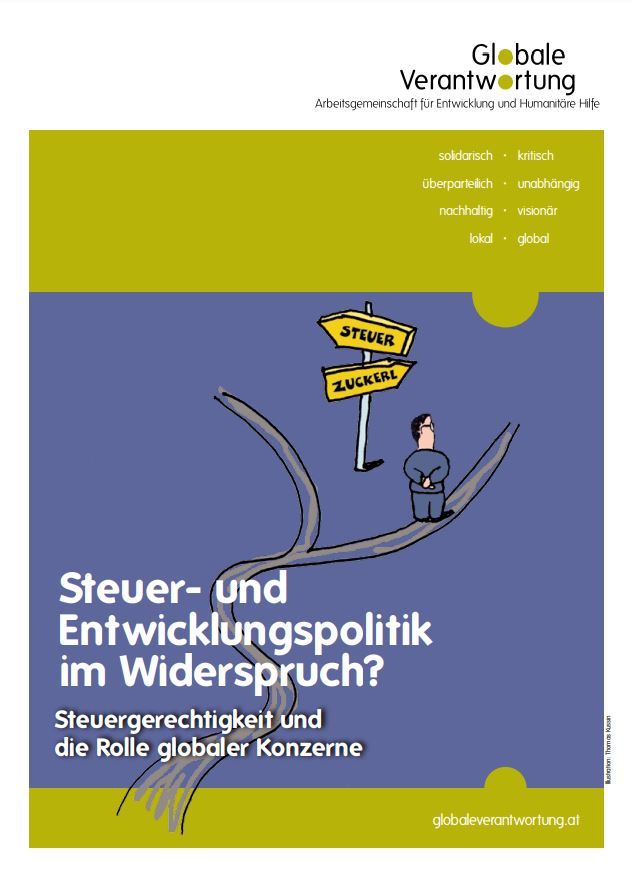 Screenshot der Titelseite der 2018 erschienenen Broschüre "Steuer- und Entwicklungspolitik im Widerspruch? Steuergerechtigkeit und die Rolle globaler Konzerne"