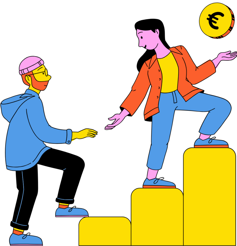 Zwei Menschen steigen Stufen hinauf. Die Person weiter oben hält einen Euro und reicht der anderen Person die Hand.
