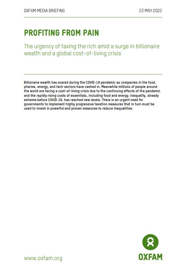 Screenshot der Titelseite der 2022 erschienenen Studie von Oxfam "Profiting from Pain"