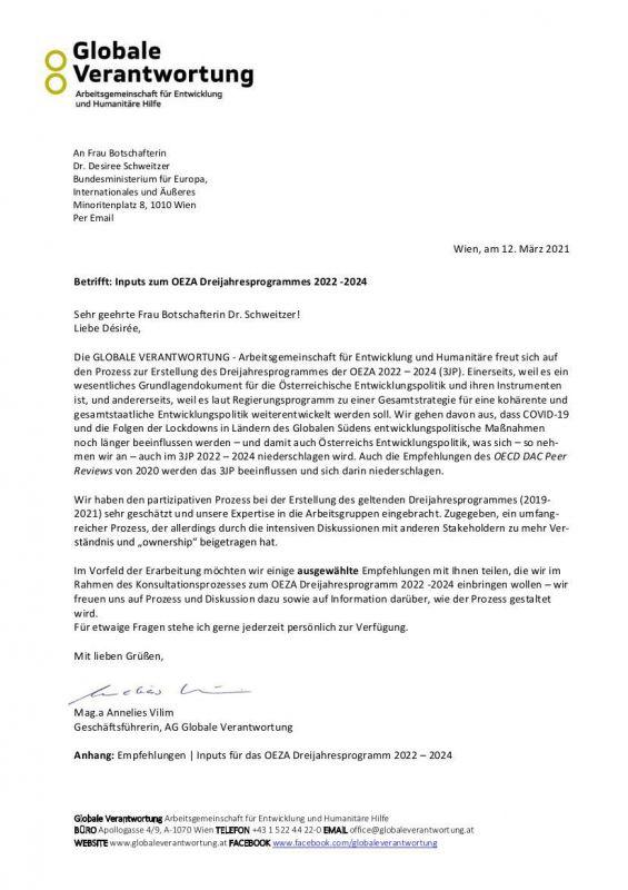 Brief an das Bundesministerium für Europäische und Internationale Angelenheiten: Inputs OEZA Dreijahresprogramm 2022-2024