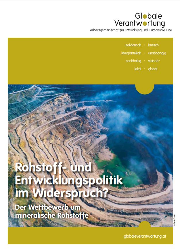 Screenshot der Titelseite der 2019 erschienenen Broschüre "Rohstoff- und Entwicklungspolitik im Widerspruch? Der Wettbewerb um mineralische Rohstoffe"